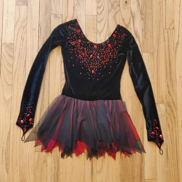 Stunning red and black figure skating dress with multi layer skirt